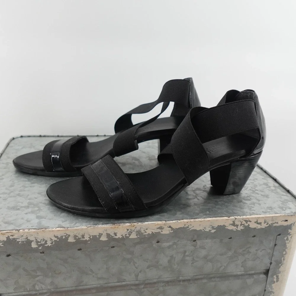 Munro American Black Elastic Cross Strap Sandals Low Wedge Heel Womens 8.5 SS‎